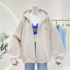 Women's Spring New Loose Casual Hooded Sweatshirt, Oversized Plain Color Drawstring Zipper Open Coat Outerwear, Casual Fashion Women's Apparel