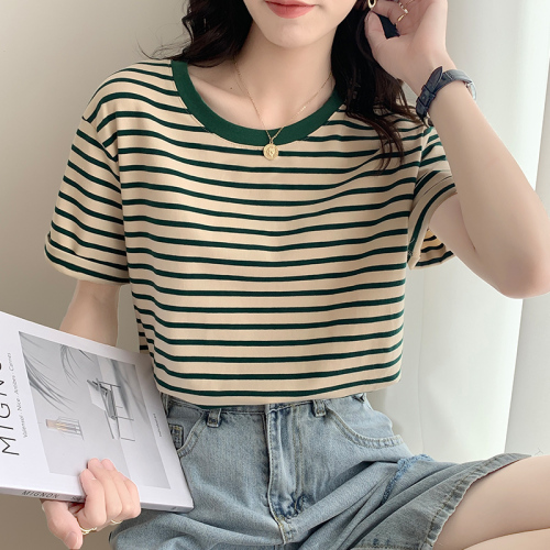 Retro Striped Short Sleeve T-Shirt Women's Summer 2024 New Contrast Color Stitching Versatile Round Neck Top