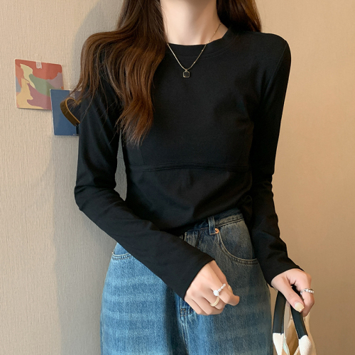 Real shot Korean style right shoulder round neck long sleeve T-shirt for women spring and autumn design fishbone line versatile bottoming inner top