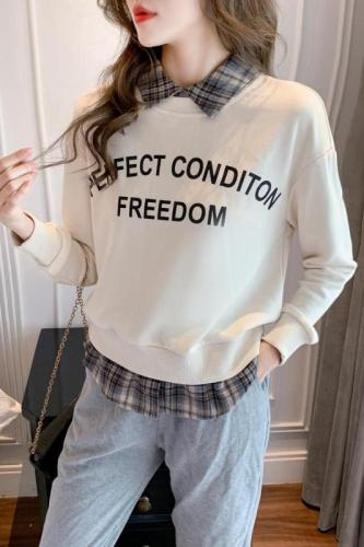 Actual shot of early autumn new classic versatile letter print splicing comfortable pullover fake two-piece sweatshirt for women loose