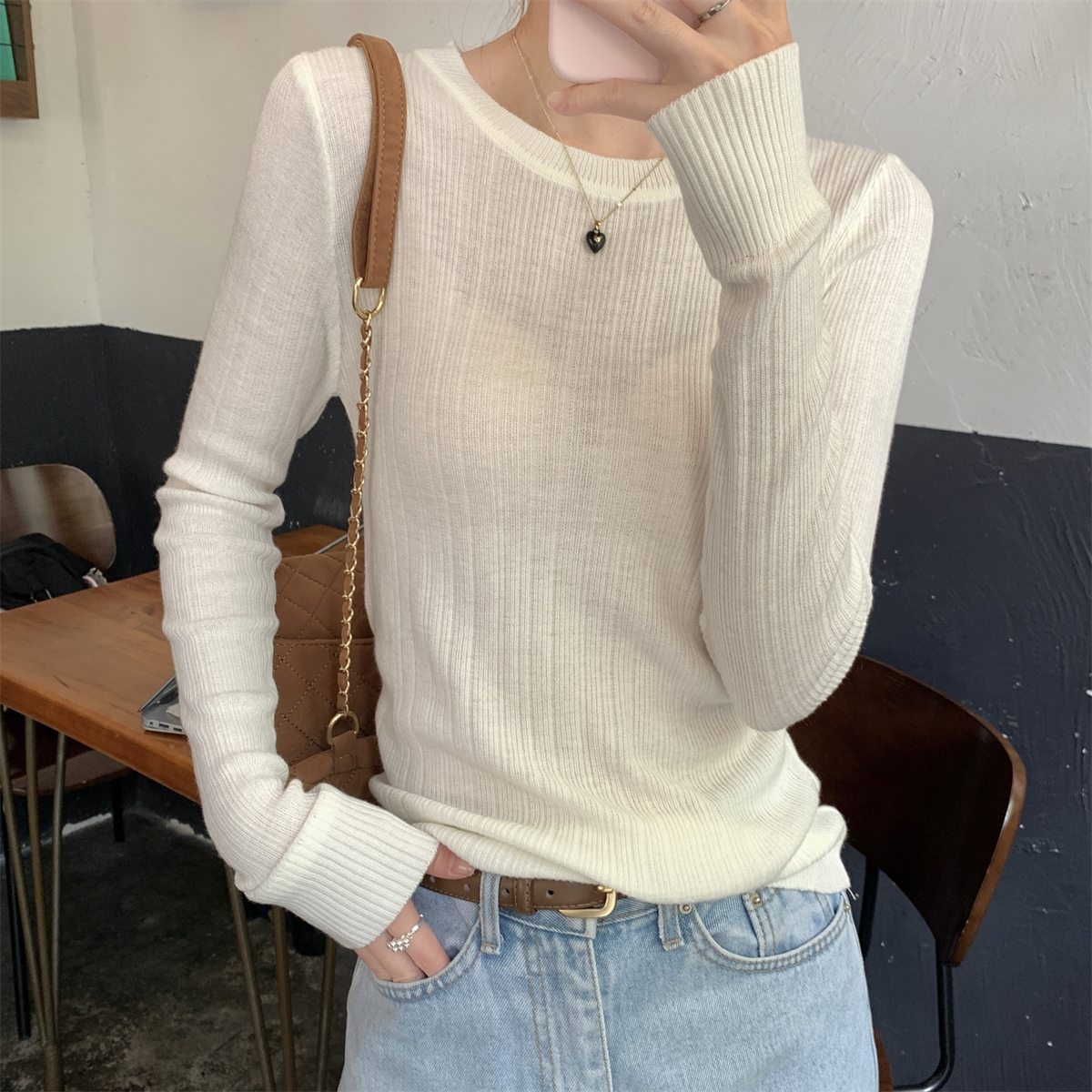 Actual shot of early autumn Korean style round neck temperament pit solid color versatile 6 wool lazy sweater long-sleeved top