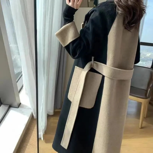 Woolen coat women's long winter double-sided velvet wool color matching temperament Hepburn style fashionable slim coat trend