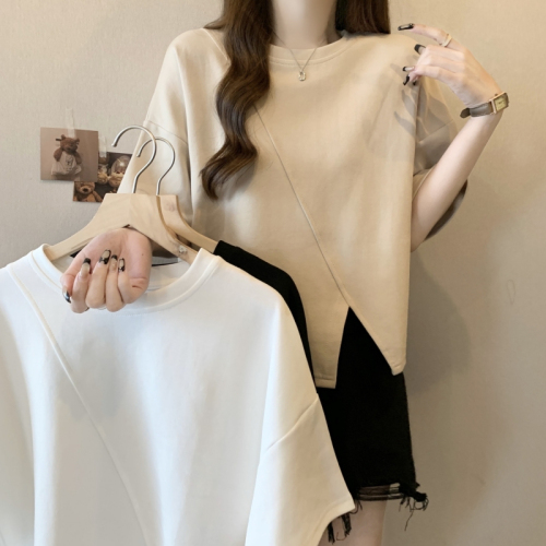 Pure cotton short-sleeved T-shirt for women summer 2024 Korean style new design slit solid color versatile top