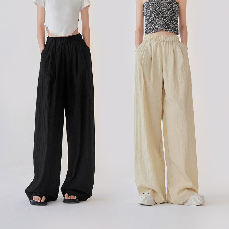 Wrinkled texture elastic waist design wide-leg pants mid-high waist loose straight casual pants
