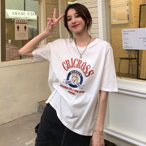 Pure cotton American retro T-shirt for women in spring and summer loose and versatile casual round neck top