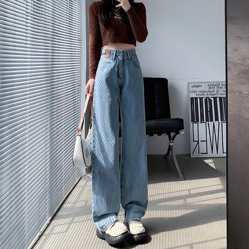 Real shot autumn new large size jeans for women fat mm slim narrow waist high waist wide leg pants 