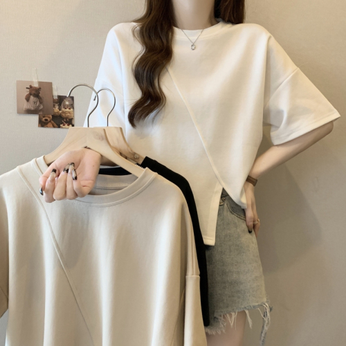 Pure cotton short-sleeved T-shirt for women summer 2024 Korean style new design slit solid color versatile top