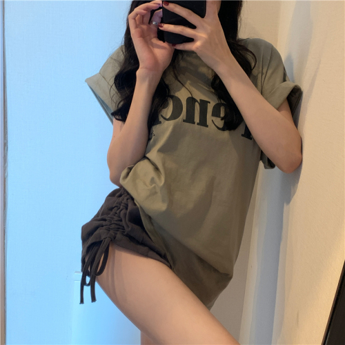 Ins slimming rolled edge dropped shoulder design T-shirt for women