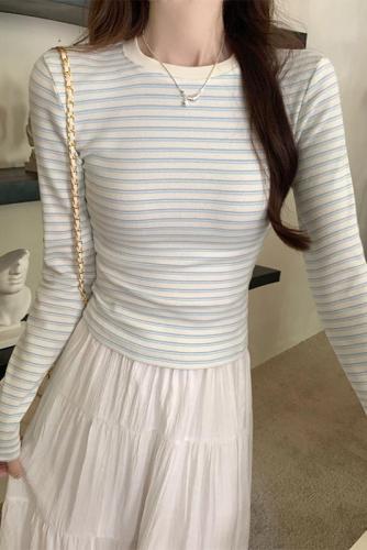 Real shot of pure lust sweet hottie blue and white striped long-sleeved T-shirt for women in early autumn tight contrasting color slimming bottoming top