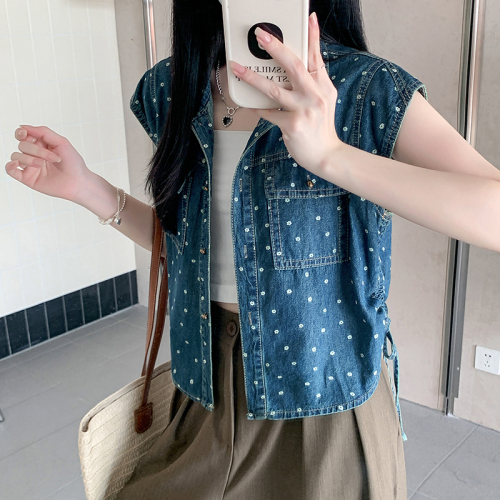 Real shot of flying sleeve denim shirt women's summer sleeveless top high-end 2024 new short jacket