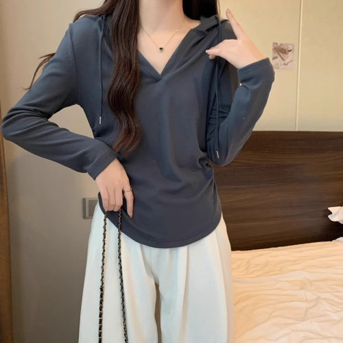 Women's hooded long-sleeved T-shirt, women's autumn and winter inner wear, irregular V-neck bottoming shirt, belly-covering slimming top