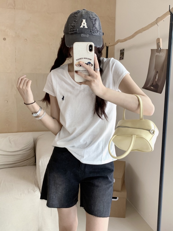 Real shot of Korean style simple pony embroidery loose slimming solid color V-neck short-sleeved T-shirt for women summer all-match casual top