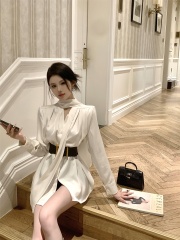 Photographed French V-neck metal belt satin ribbon dress