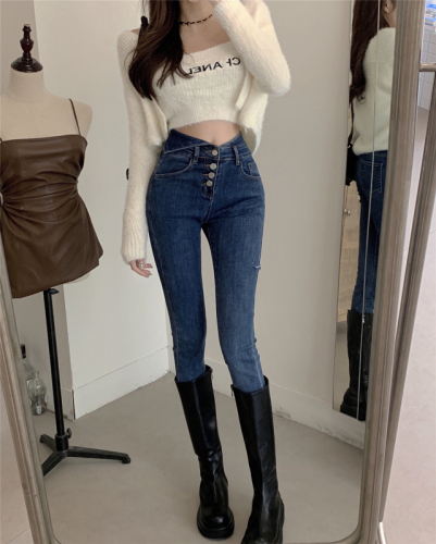 Real shot!  Multi-button high-waisted jeans for women, slim fit, elastic pencil pants, nine-point pants, trendy