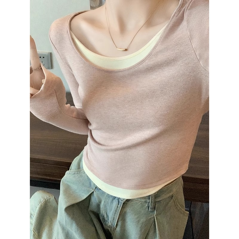 Double-sided cashmere autumn slim fit splicing long-sleeved T-shirt women's fake two-piece contrasting color western style age-reducing inner layering shirt