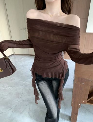 Real shot!  !  Early autumn one-shoulder off-shoulder T-shirt for women with irregular ribbons, slim-fitting short top