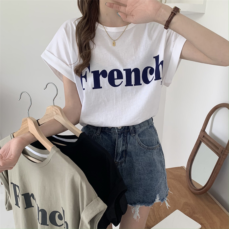 Three-color letter print rolled edge drop shoulder flying sleeve mid-length loose T-shirt