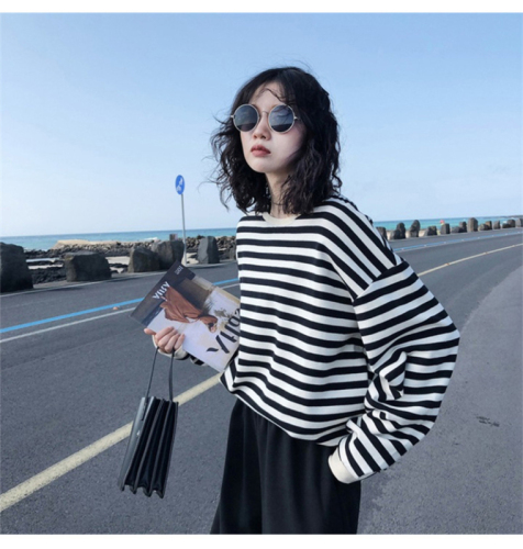 Fish Scale Thin Version Autumn Korean Style Striped Long Sleeve T-Shirt Women's Top Loose Round Neck Sweatshirt Women