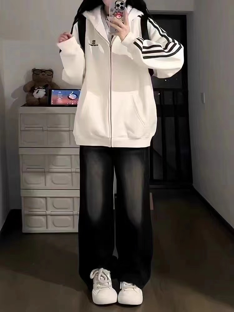 Women's Vintage Striped Pullover Hooded Jacket, US Style, Cozy and Loose, Zip-up Top for Autumn and Winter, Thicker and Warmer