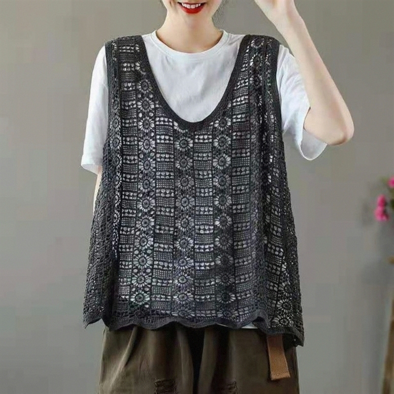 Summer thin cotton crocheted V-neck hollow knitted vest for women retro literary loose breathable versatile vest trendy
