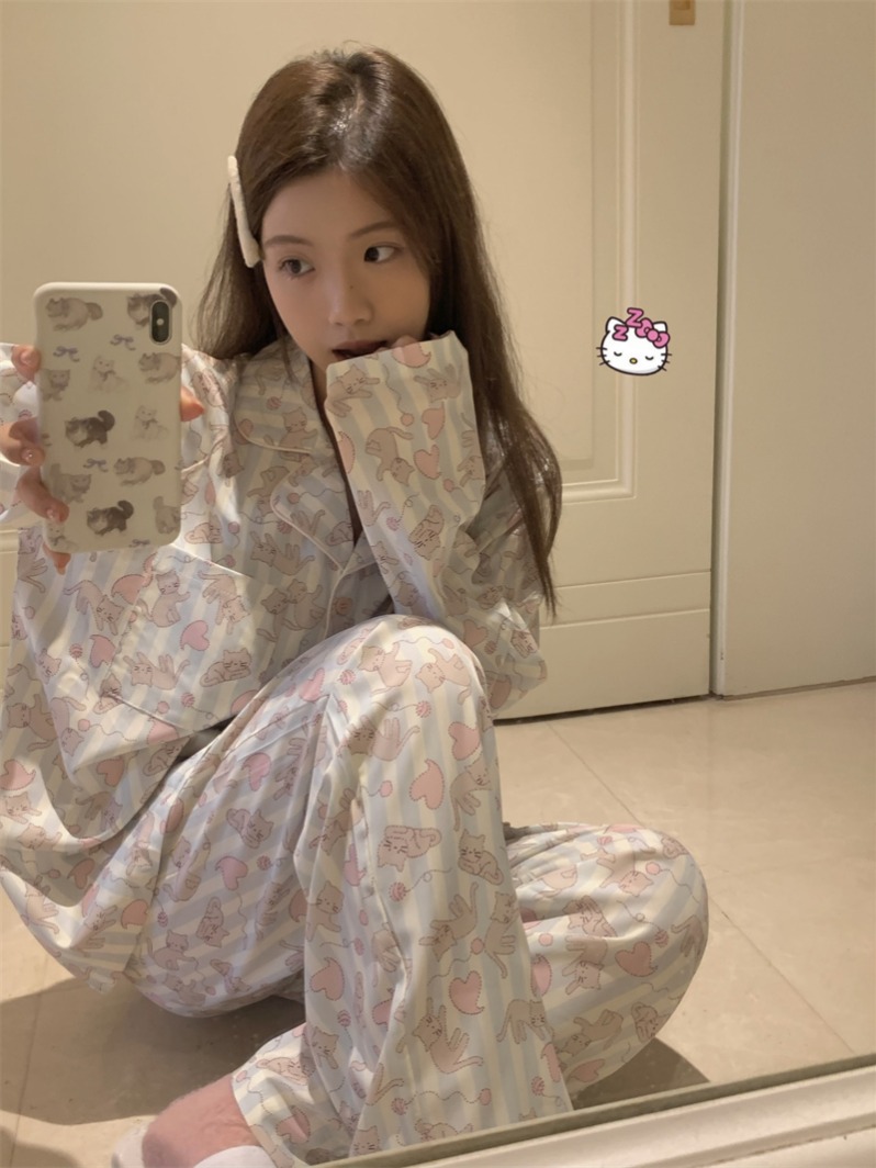 Actual shot~original cute cat pajamas with cute cats and long sleeves and trousers set