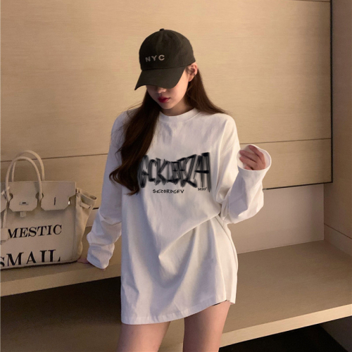 Pure cotton long-sleeved T-shirt for women 2024 new autumn and winter solid color loose bottoming shirt printed round neck top