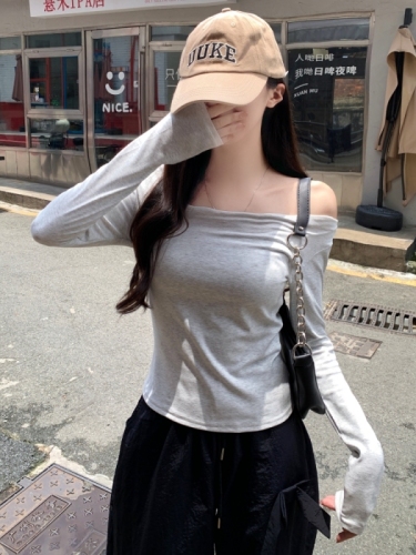 Actual shot of Korean foreign trade 40-count pure cotton 92 cotton/8 spandex 2024 autumn long-sleeved T-shirt for women with one-line collar