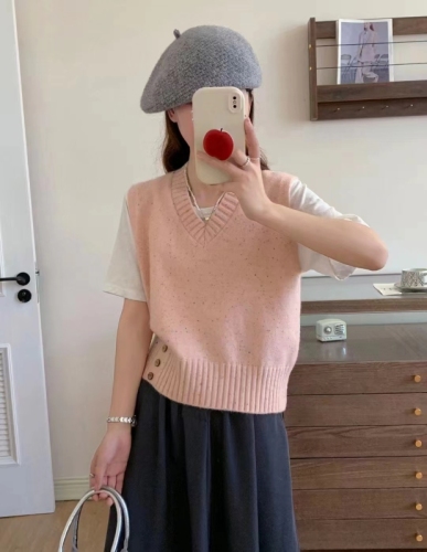 Pink V-neck knitted vest for women spring and autumn new style loose lazy college style stacked sweater vest versatile top