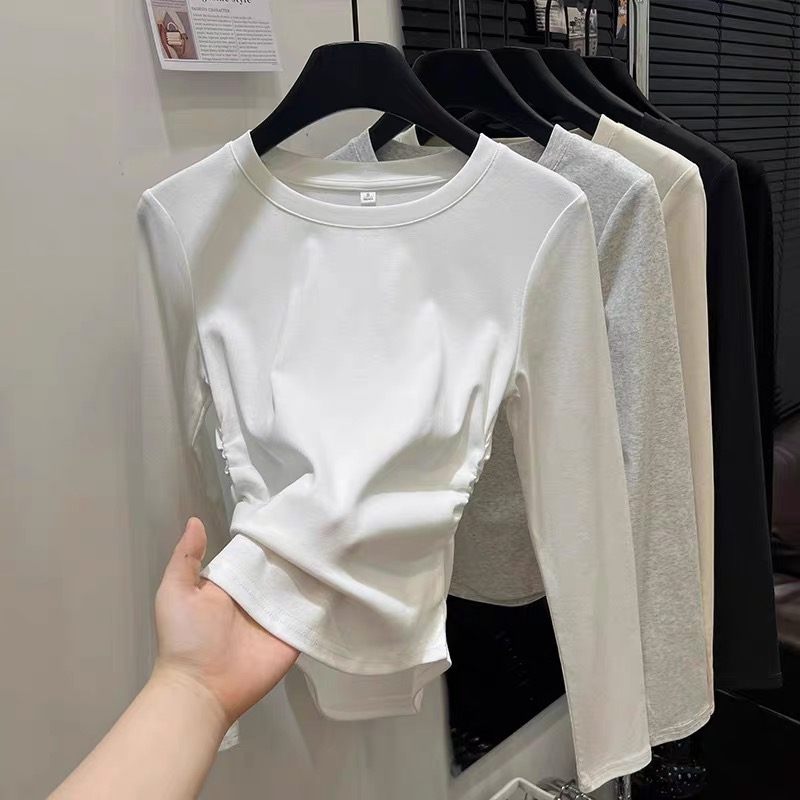 Right shoulder long-sleeved T-shirt for women, spring, autumn and winter inner layering shirt, niche pleated waist slimming short top