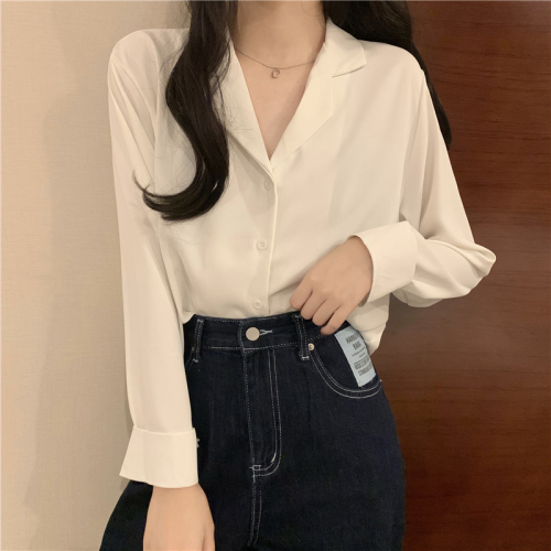 New Korean style V-neck, lazy, gentle, loose, mid-length, versatile long-sleeved shirt for outer wear