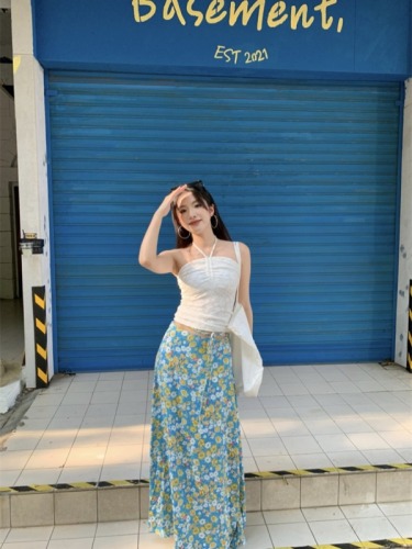 Halter neck three-dimensional flower pattern suspender hot girl drawstring tube top vacation style extra long floral umbrella skirt