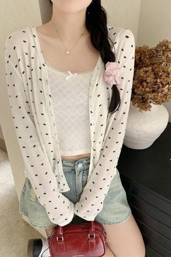 Actual shot of Korean style bow printed long-sleeved sun protection cardigan for women summer new style lazy style outer blouse