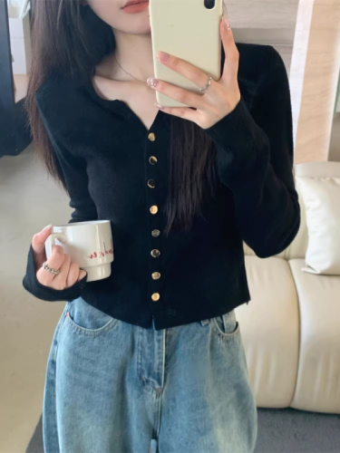 Single-breasted long-sleeved sweater tops women's autumn 2024 new slim fit sweater cardigan bottoming top