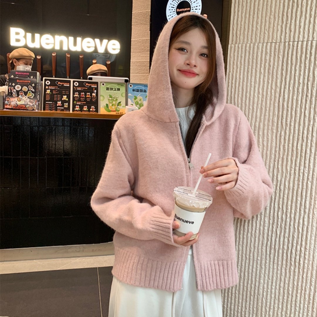 韓系連帽雙拉鏈針織打底衫女士短款秋冬新款收腰休閒毛衣開衫外套