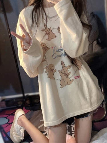 Pure cotton long-sleeved T-shirt for women 2024 new autumn and winter solid color loose bottoming shirt printed round neck top