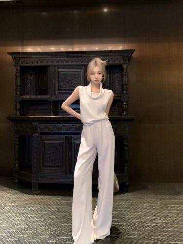 Cool style drape collar sleeveless loose lazy slim top + high waist wide leg trousers suit