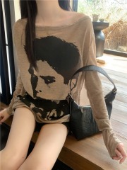 Real shot, real lazy style long-sleeved T-shirt, women's sun protection cover-up, loose off-shoulder top