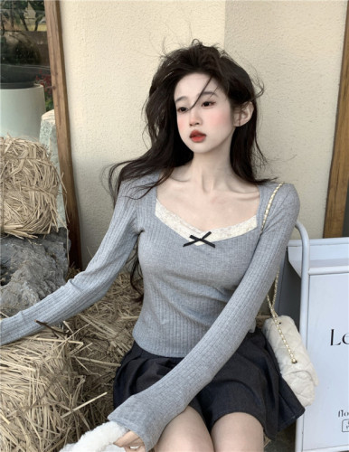 Real shot~Early autumn gray lace splicing bottoming sweater autumn and winter design niche bottoming top