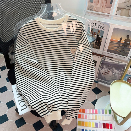 Actual shot of 250g pique striped sweatshirt for women spring and autumn 2024 round neck long sleeve t-shirt tops for women plus size 200 pounds