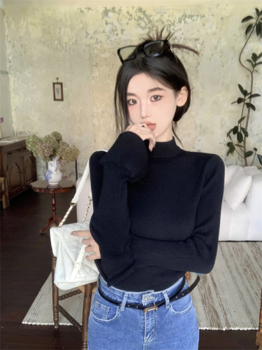 Real shot of autumn black knitted bottoming shirt for women, new Korean version, slim and elegant long-sleeved T-shirt top