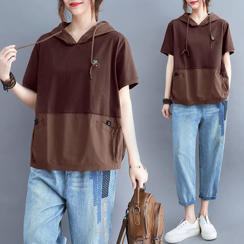 Pure cotton T-shirt women's summer new style women's casual retro literary women's clothing patchwork tops trendy jeans suit