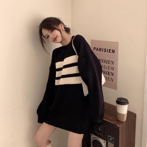 Striped contrasting color loose pullover sweater autumn and winter new women's Korean style fashion mid-length sweater top