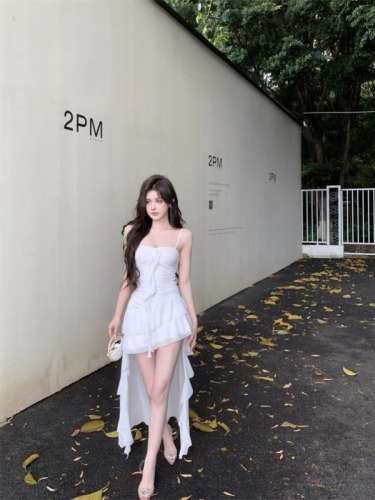 French Pure Desire Super Fairy Ruffled Splicing Suspender Dress Women's Slim Fit Irregular Skirt