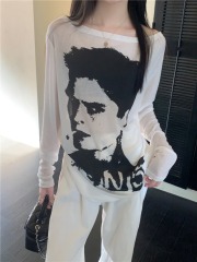 Real shot, real lazy style long-sleeved T-shirt, sun protection cover-up, loose off-shoulder top