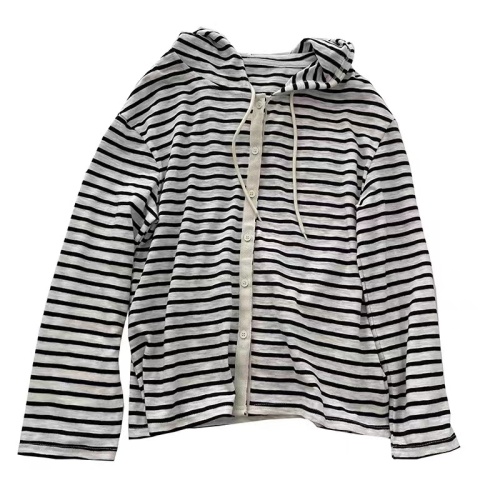 Korean striped all-match hooded cardigan jacket for women summer thin long-sleeved outdoor ice silk breathable sun protection clothes