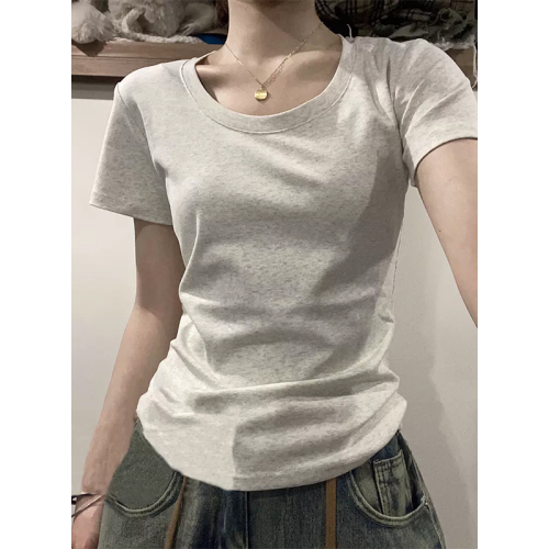 New beige, right shoulder, short-sleeved T-shirt for women in summer, slim-fitting, high-end, casual and versatile top trendy