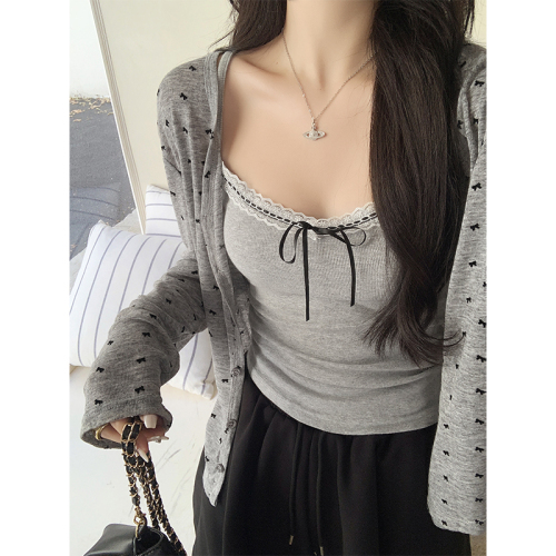 Actual shot of Korean style bow printed long-sleeved sun protection cardigan for women summer new style lazy style outer blouse