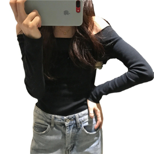 Fashionable super hot threaded one-shoulder top for women in autumn design niche short T-shirt hot girl long-sleeved bottoming shirt