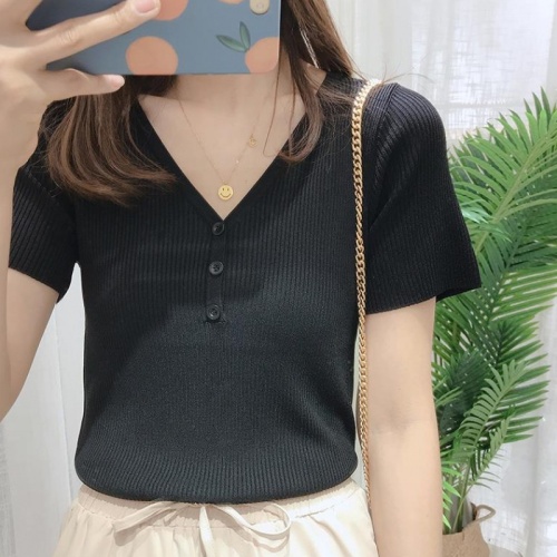 Summer new Korean style slim v-neck ice silk sweater for women, thin, versatile short-sleeved T-shirt for women, bottoming top