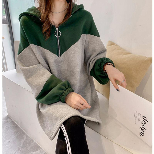 Early autumn plus size women's loose mid-length patchwork sweatshirt women's hooded thin coat fat mm sister's top